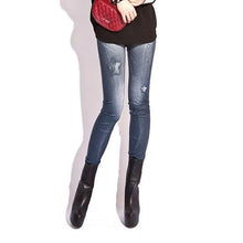 Fashion Women Skintight Abrasion Print Imitated Jeans
