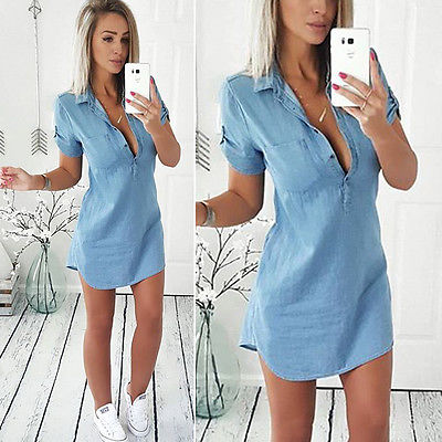 Denim Short Sleeve Shirt Tops Blouse Dress