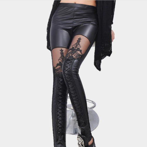 Sexy PU Leather Stitching Embroidery Hollow Lace Legging