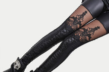 Sexy PU Leather Stitching Embroidery Hollow Lace Legging