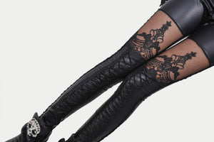 Sexy PU Leather Stitching Embroidery Hollow Lace Legging
