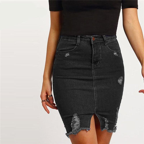 Black Casual Ripped Split Denim Skirt