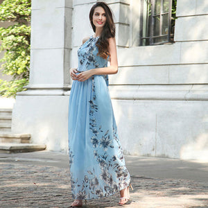 Print Halter Tunic Sleeveless Pleated Long Maxi