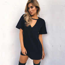 Women Tshirt Dress Choker V-neck