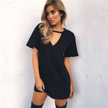 Women Tshirt Dress Choker V-neck