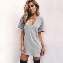Women Tshirt Dress Choker V-neck