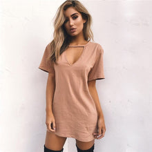 Women Tshirt Dress Choker V-neck