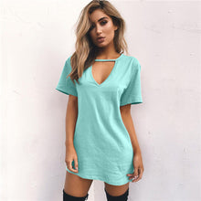 Women Tshirt Dress Choker V-neck