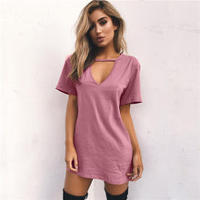 Women Tshirt Dress Choker V-neck
