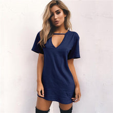 Women Tshirt Dress Choker V-neck