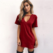 Women Tshirt Dress Choker V-neck