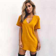 Women Tshirt Dress Choker V-neck