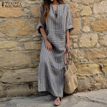 Women Striped Dress Sexy V Neck Long Sleeve Maxi