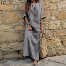 Women Striped Dress Sexy V Neck Long Sleeve Maxi