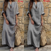 Women Striped Dress Sexy V Neck Long Sleeve Maxi