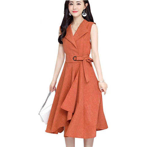 A-Lin v-neck cotton Linen dress vestidos de festa
