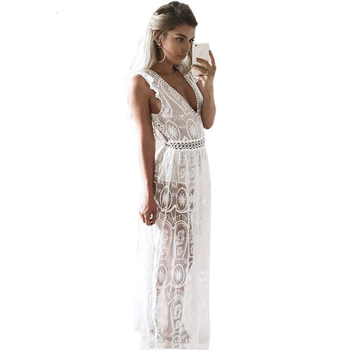 Sexy Hollow Out White Lace Dress Women
