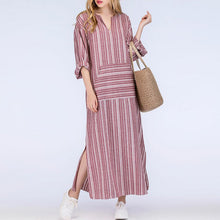 Women Striped Dress Sexy V Neck Long Sleeve Maxi