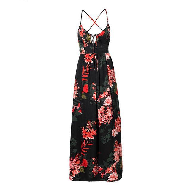 Red Floral Print V Neck Women Maxi Dresses