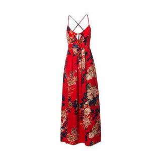 Red Floral Print V Neck Women Maxi Dresses