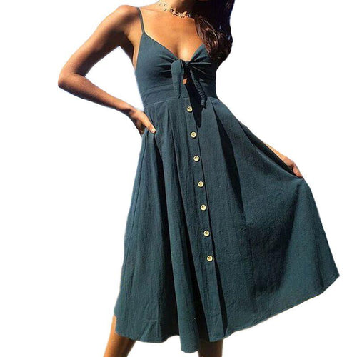 Cotton Deep V Neck Buttons Off Shoulder Midi Dresses