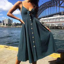 Cotton Deep V Neck Buttons Off Shoulder Midi Dresses