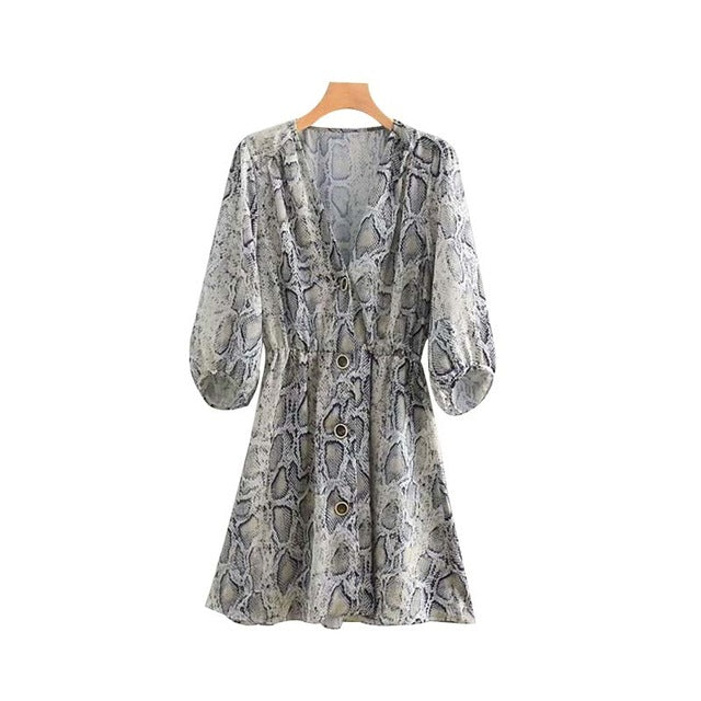 Women sexy V neck snake pattern dress